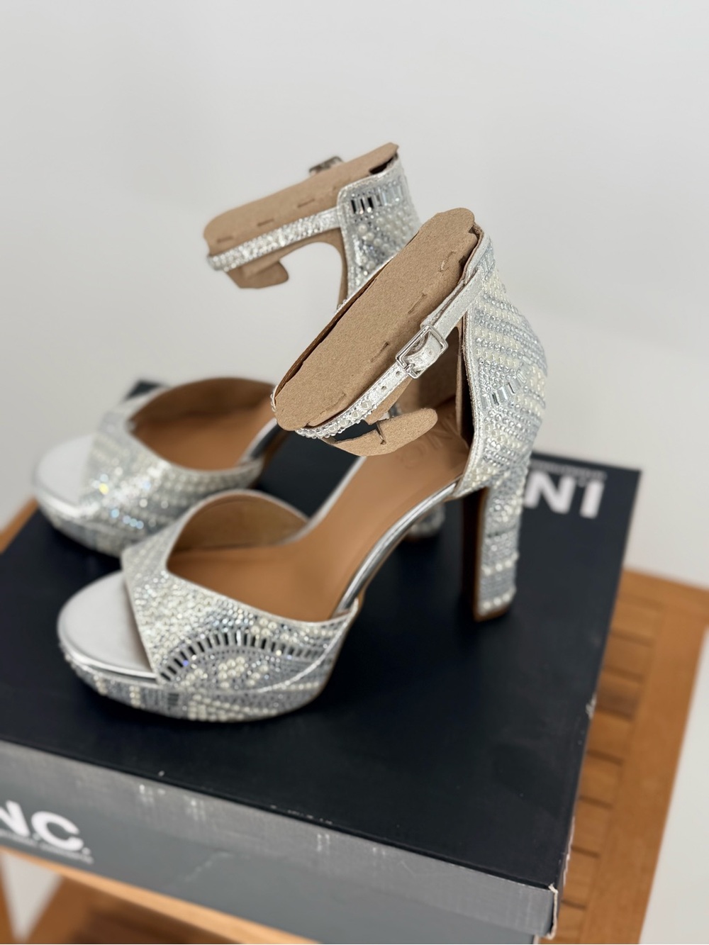 New INC Silver Crystal Platform Ankle Strap Heels - Women SIZE 8